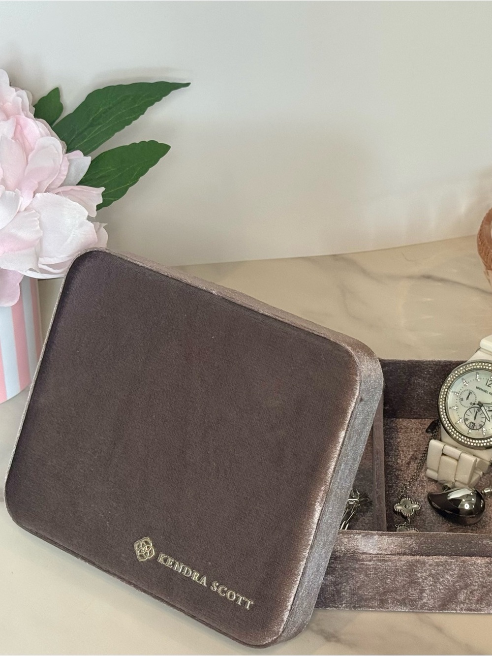 Kendra Scott Velvet Jewelry Case in Taupe Brown with Gold Logo